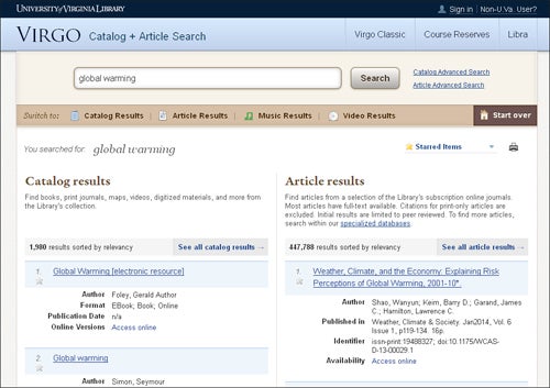 university of virginia search results screenshot   