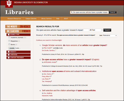 indiana university bloomington search results screenshot