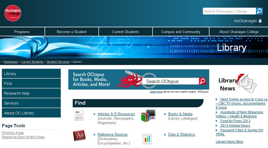 okanagan college roen homepage screenshot   