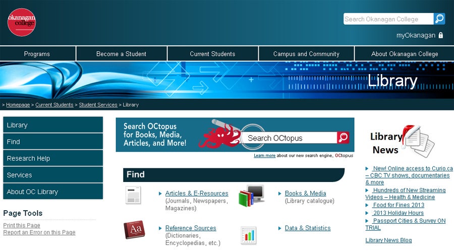 okanagan college roen homepage screenshot