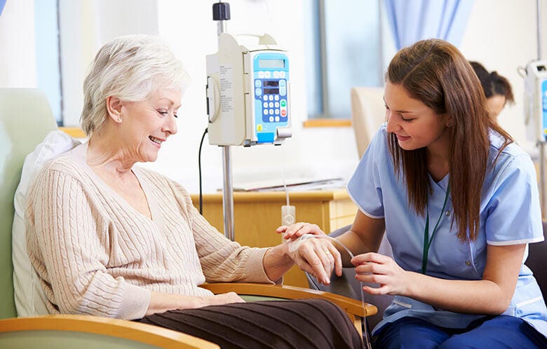 senior woman undergoing chemotherapy female nurse blog image    