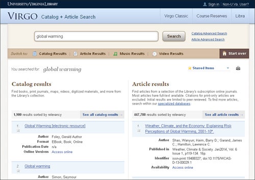 university of virginia search results screenshot