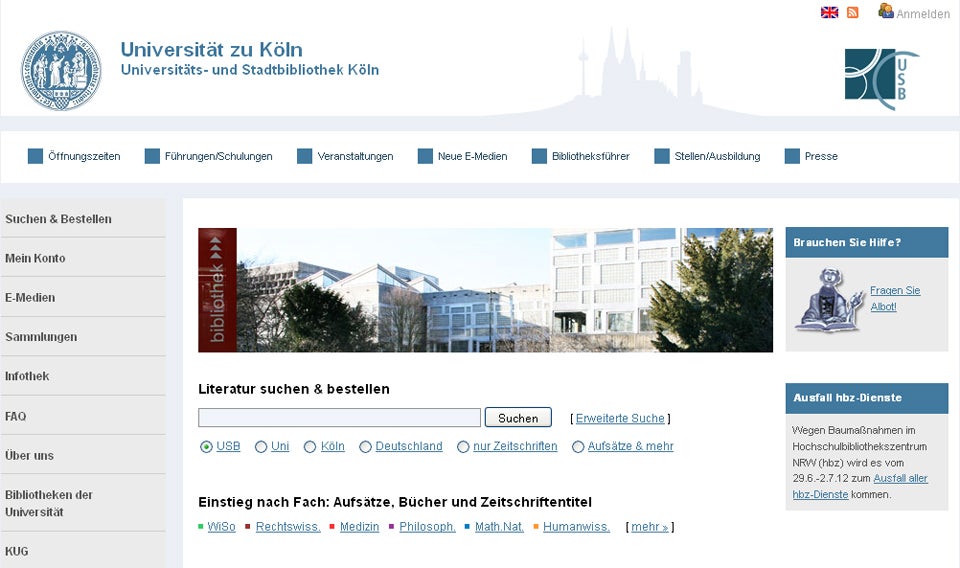 unversity and city library of cologne homepage screenshot