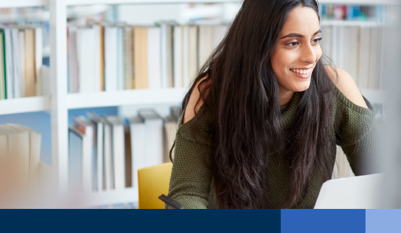 woman student laptop studying color bar navy blog image    