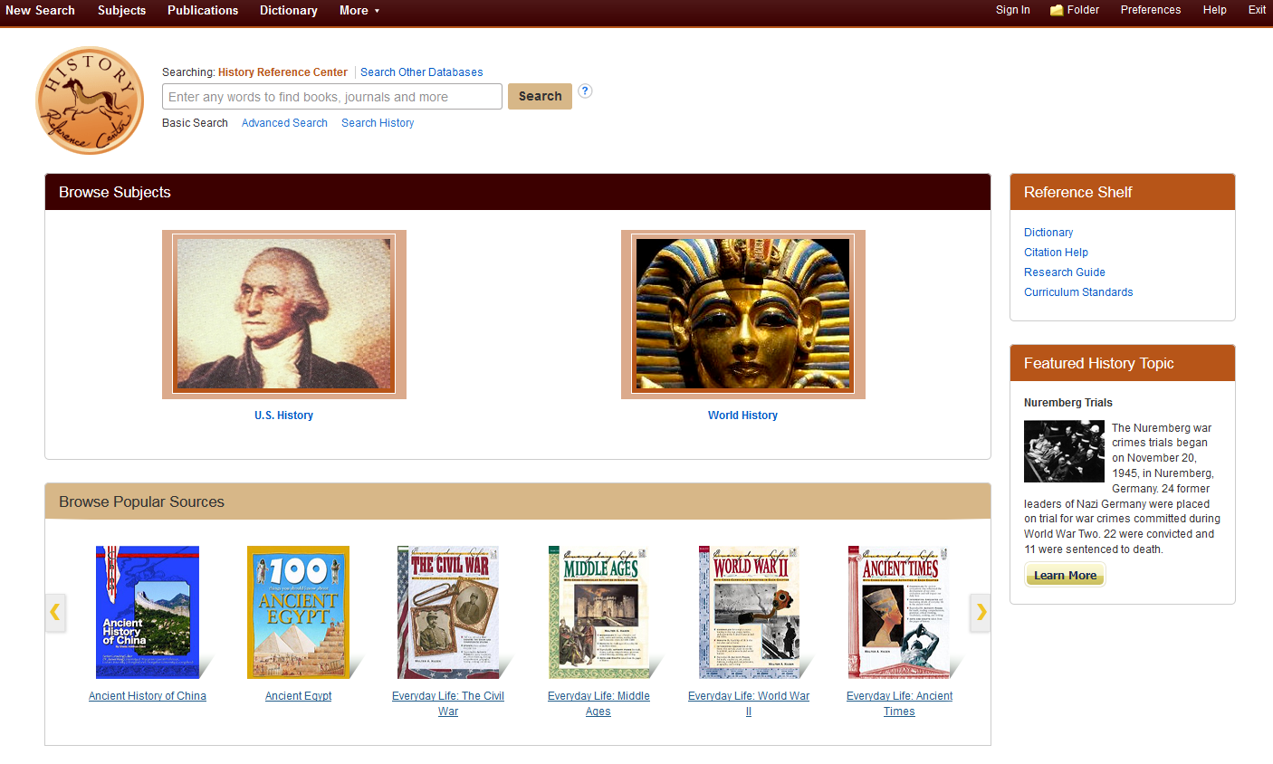 History Reference Center Ebsco Screenshot History Reference Center Home Page