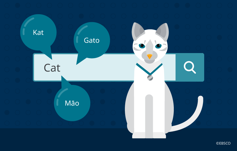 Illustration of a cat and a search box. The search box can understand foreign translations of the word cat.