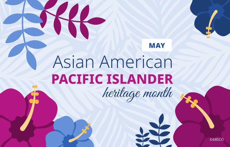 Asian American Pacific Islander Heritage Month surrounded by an illustration of hibiscus flowers