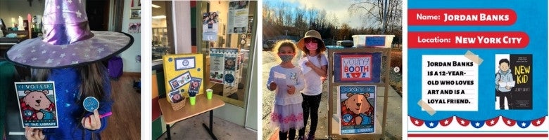 Four panels with images representing children books