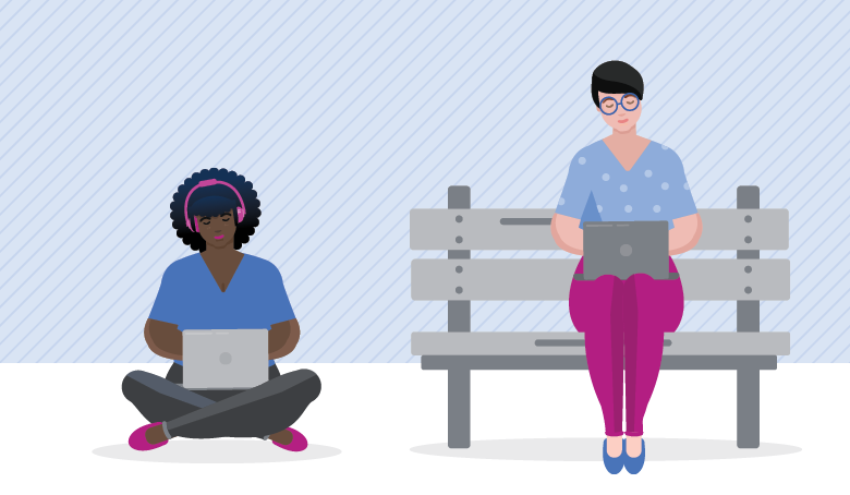 two people listening to audiobooks and reading ebooks on laptops