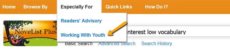 Screenshot showing the 'Working with Youth' section on NoveList Plus