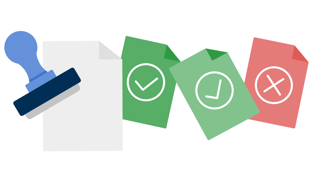 rubber stamp and documents with checkmarks