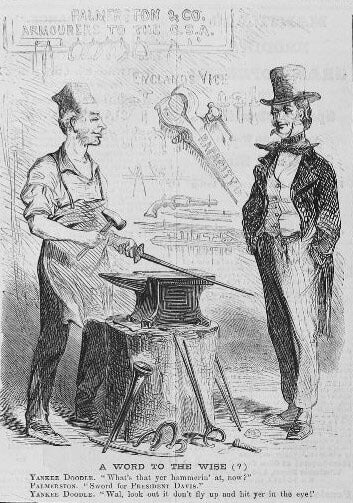 18th century cartoon blacksmith and customer talking