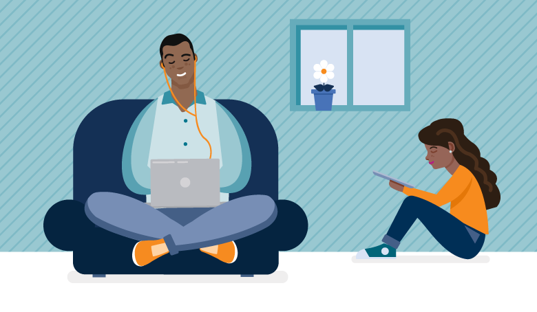 illustration of a man listening to an audiobook and a woman reading an ebook